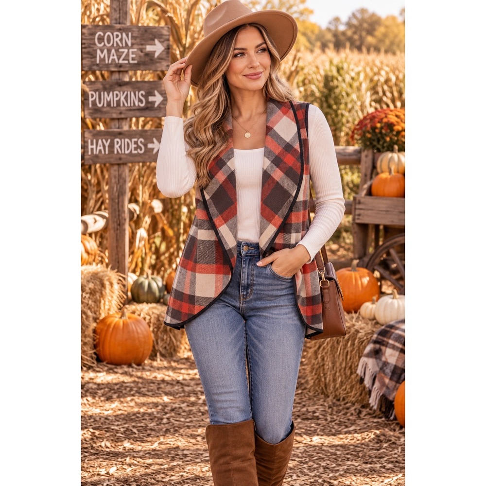 Womens S Red Plaid Waterfall Vest Draped Open Front Pockets Cozy Fall Layering